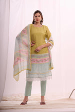 Load image into Gallery viewer, Lambent yellow pure muslin digital printed kurta set with dupatta
