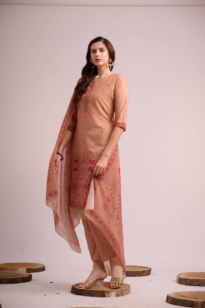 Peach pure muslin kurta set with dupatta