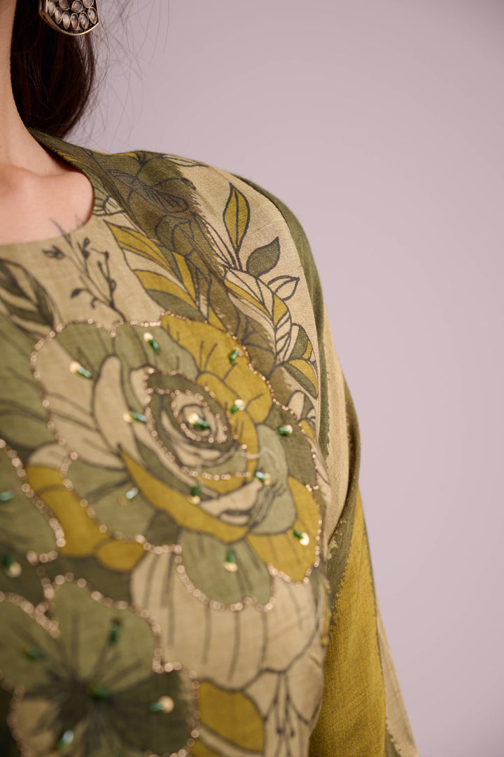 Jungle green pure muslin digital print kurta set with dupatta