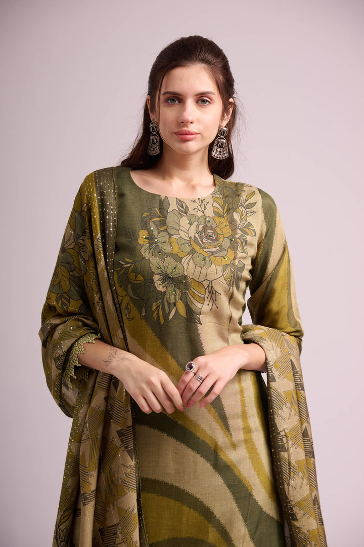 Jungle green pure muslin digital print kurta set with dupatta