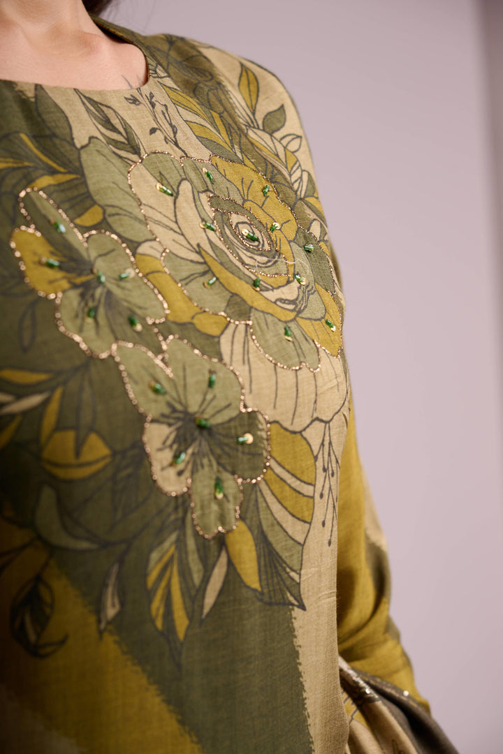 Jungle green pure muslin digital print kurta set with dupatta