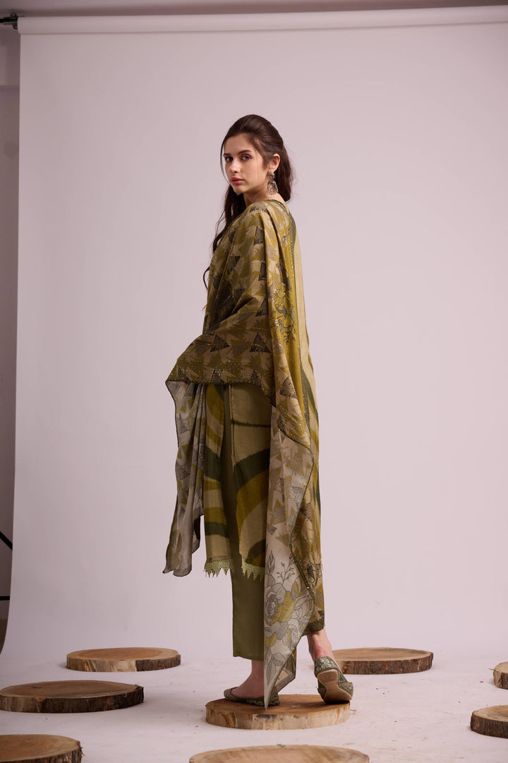 Jungle green pure muslin digital print kurta set with dupatta