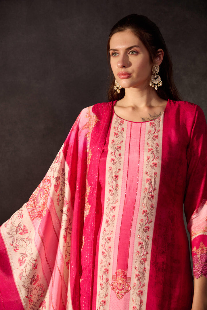 Pink pure muslin digital print kurta set with dupatta