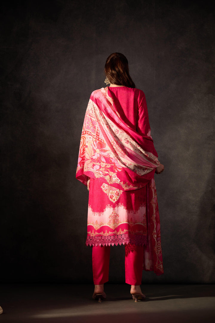 Pink pure muslin digital print kurta set with dupatta