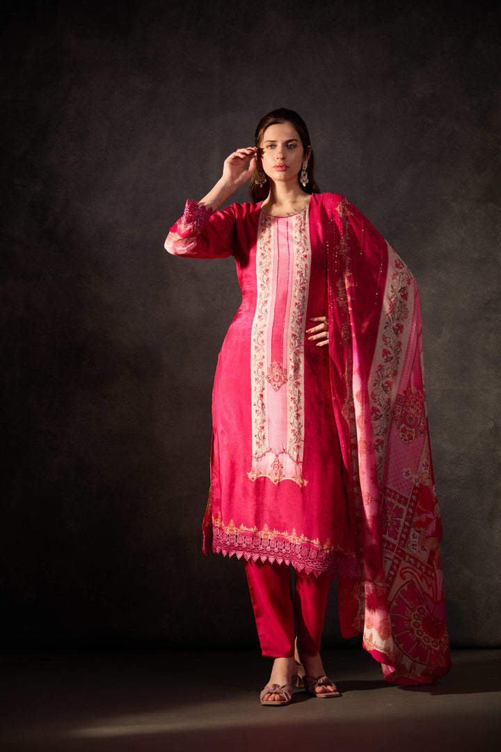 Pink pure muslin digital print kurta set with dupatta