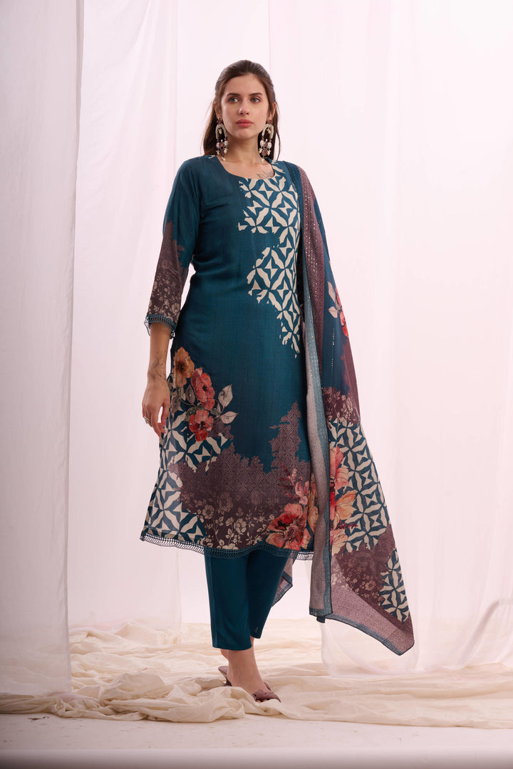 Ocean blue pure muslin digital print kurta set with dupatta