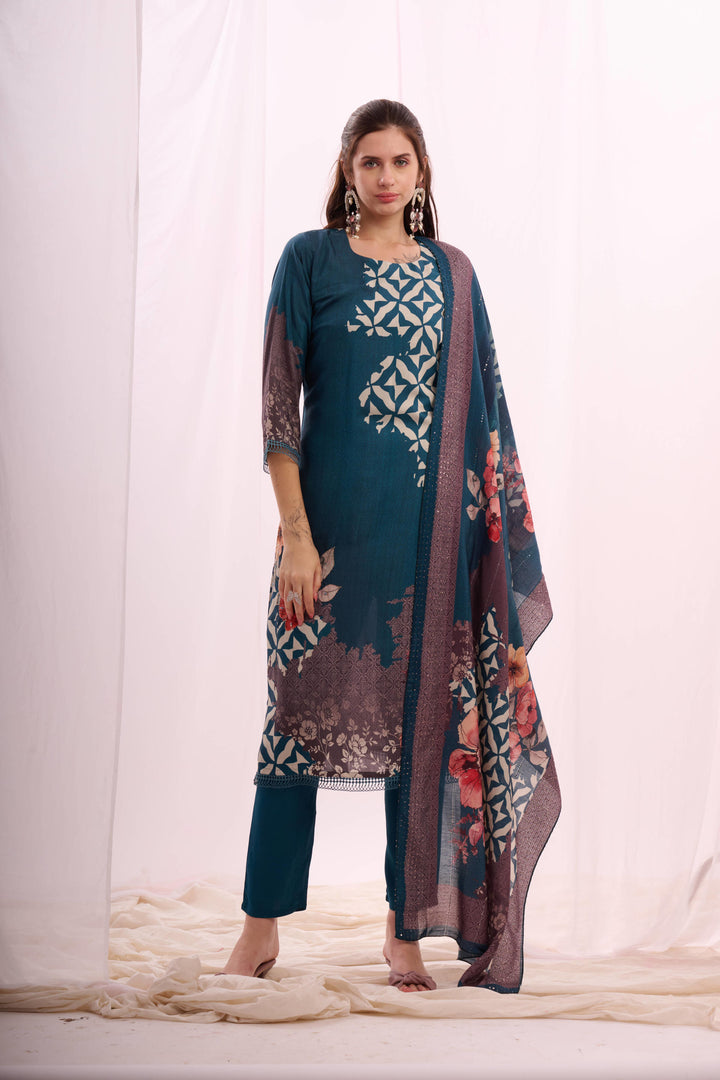Ocean blue pure muslin digital print kurta set with dupatta