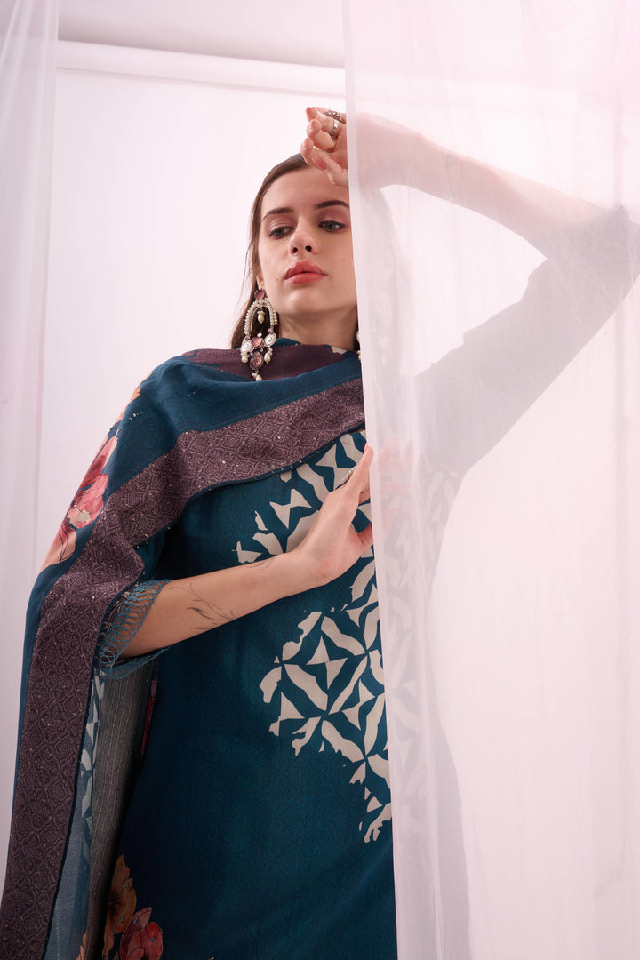 Ocean blue pure muslin digital print kurta set with dupatta