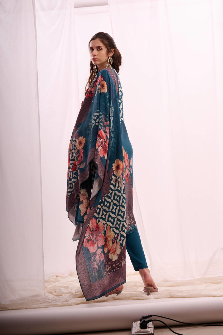 Ocean blue pure muslin digital print kurta set with dupatta