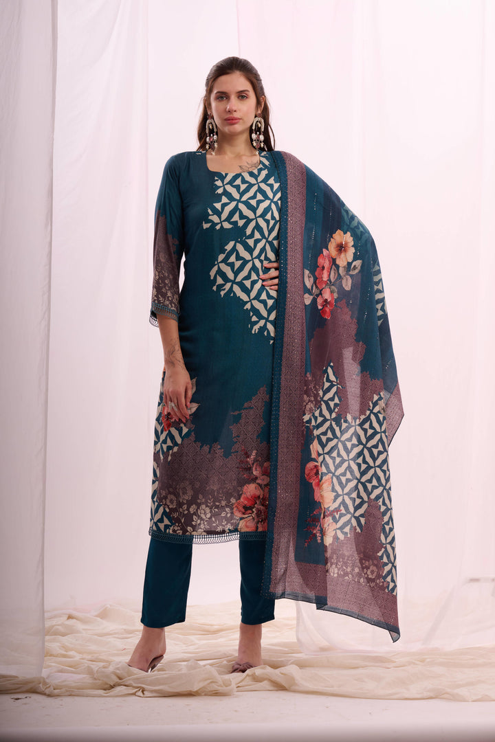 Ocean blue pure muslin digital print kurta set with dupatta